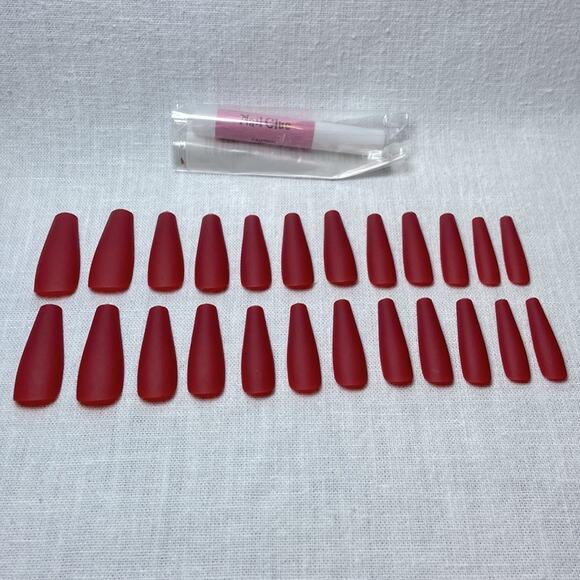 Red Matte Press On Nails Set Long Coffin Shape with Glue 25 pc Fake False Kit - Picture 3 of 4